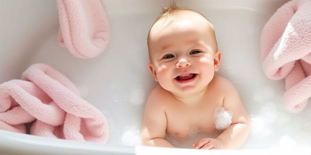 Lächelndes Baby in der Badewanne mit Seifenblasen.