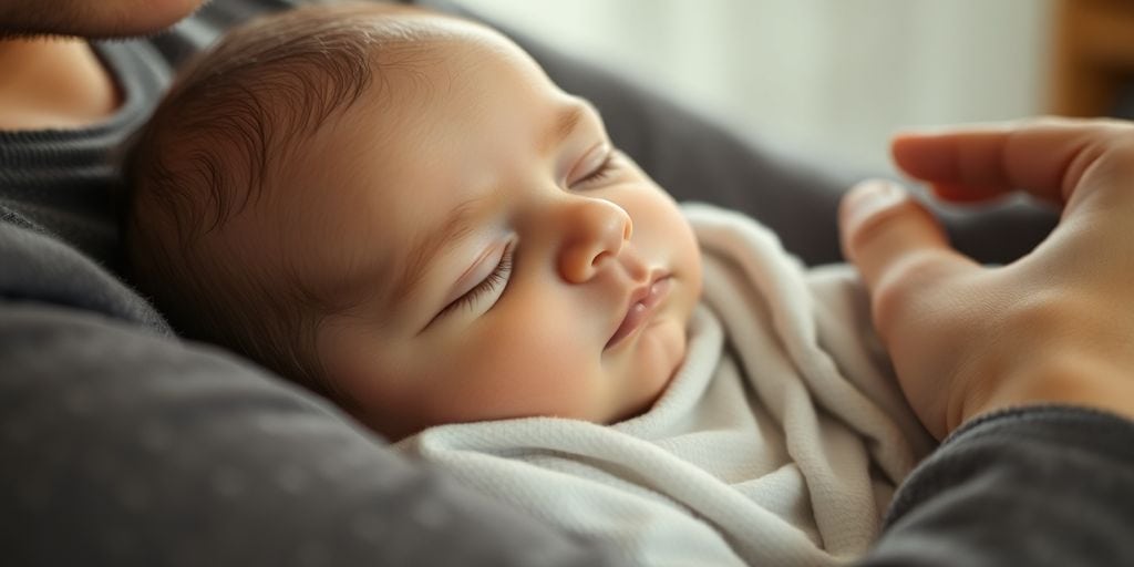 Baby schläft friedlich im Arm der Eltern.