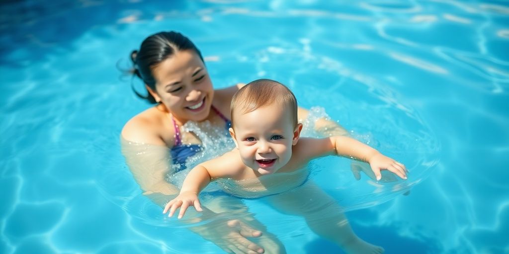 Eltern schwimmen mit Baby im Pool.