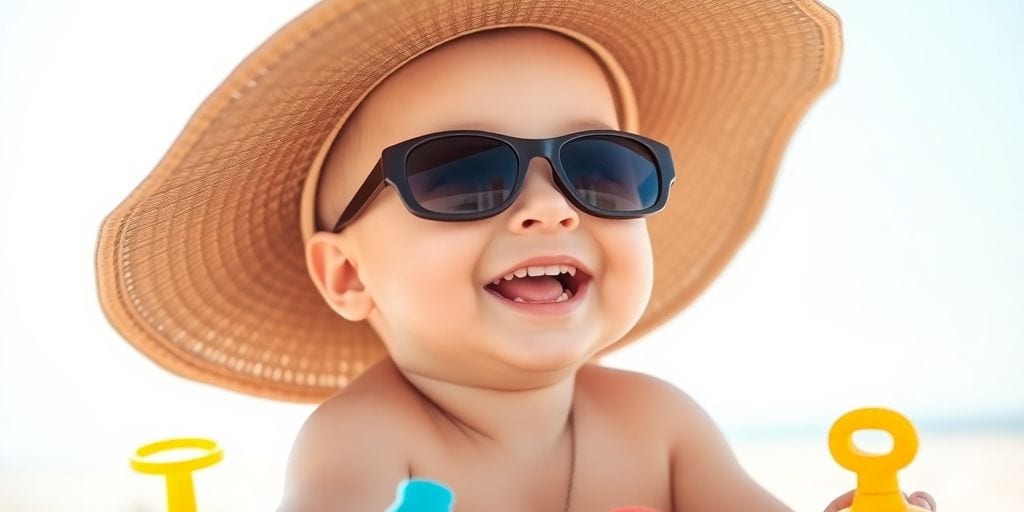 Lächelndes Baby mit Sonnenhut und Sonnenbrille.